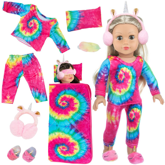 Ecore Fun 18-inch doll sleeping bag in colorful tie-dye for cozy playtime