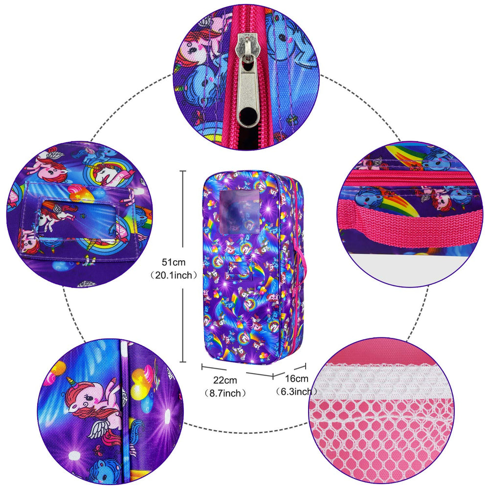 Ecore Fun open storage case for 18-inch dolls with multiple pockets.