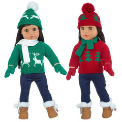 Ecore Fun two set winter outfits for 18 inch American dolls, cozy sweaters and scarves for festive play