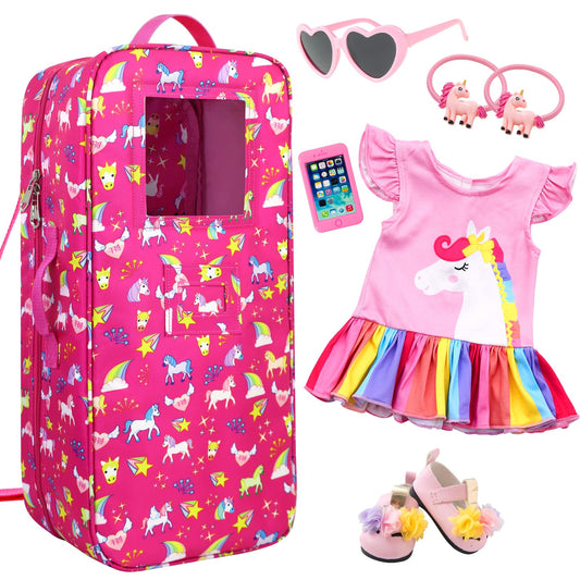 Ecore Fun 18-inch doll bag unicorn provides travel protection and organized storage.