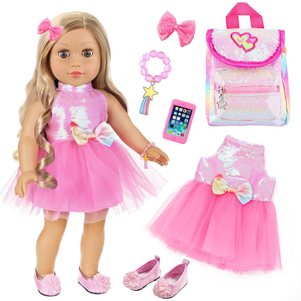 ECORELF American 18-inch doll backpack enhances play with a chic sequin touch.