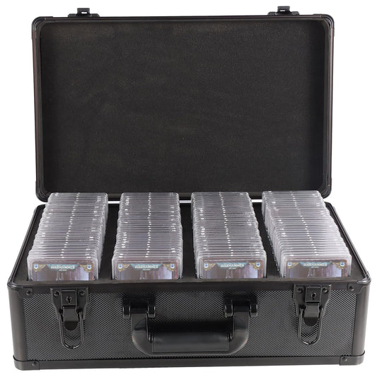 EcoVibe graded card storage box, front view, aluminum body for secure on-the-go protection.