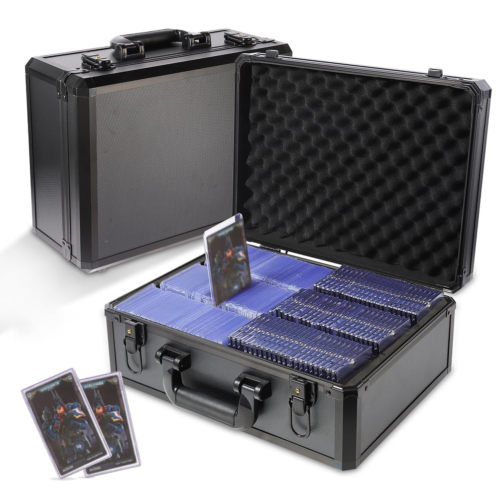 EcoVibe trading card storage box front view with rugged aluminum frame for protection.