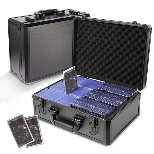 EcoVibe trading card storage box front view with rugged aluminum frame for protection.