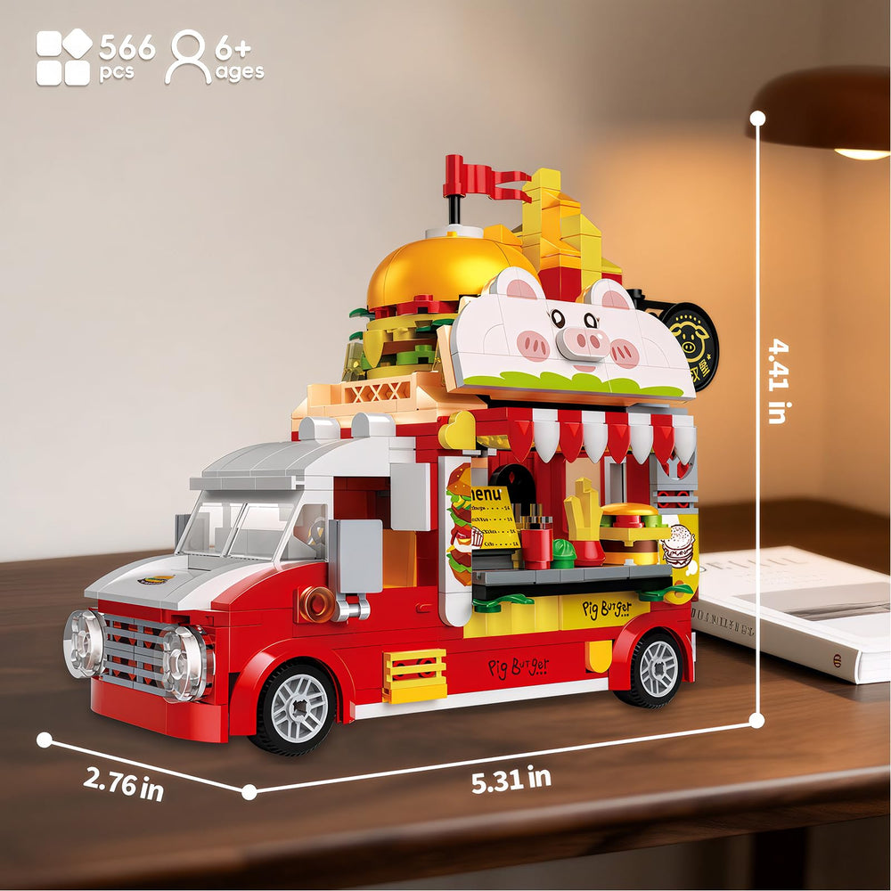 ecpoteny Piggy Burger Truck assembled scene showcases creative building play.