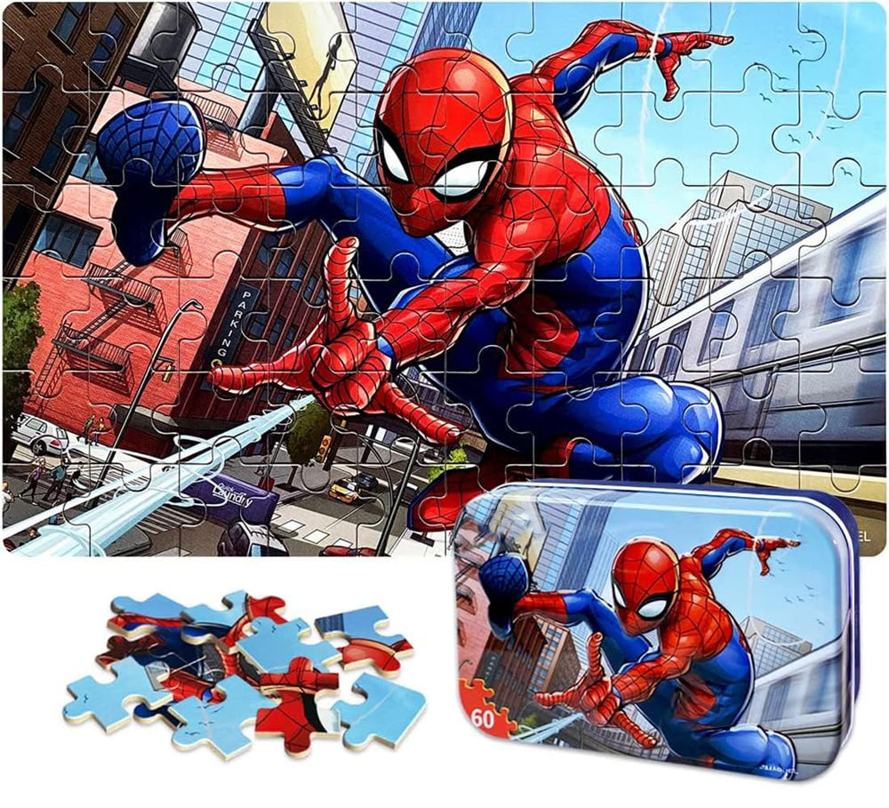 60-piece educational puzzles in metal box closed for neat storage and portability