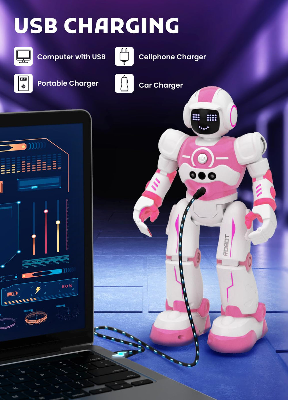 EduCuties pink robot toy in programming mode showing sequences