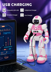 EduCuties pink robot toy in programming mode showing sequences
