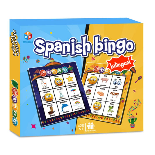 EDUMAETRIX bilingual bingo cards with colorful illustrations to aid word recognition.