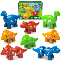 Edumoteso dinosaur alphabet pieces show bold letters for early literacy play.