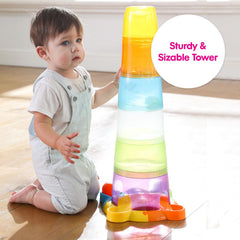 Edushape Stack & Drop Tower tactile play encourages sensory development through stacking.