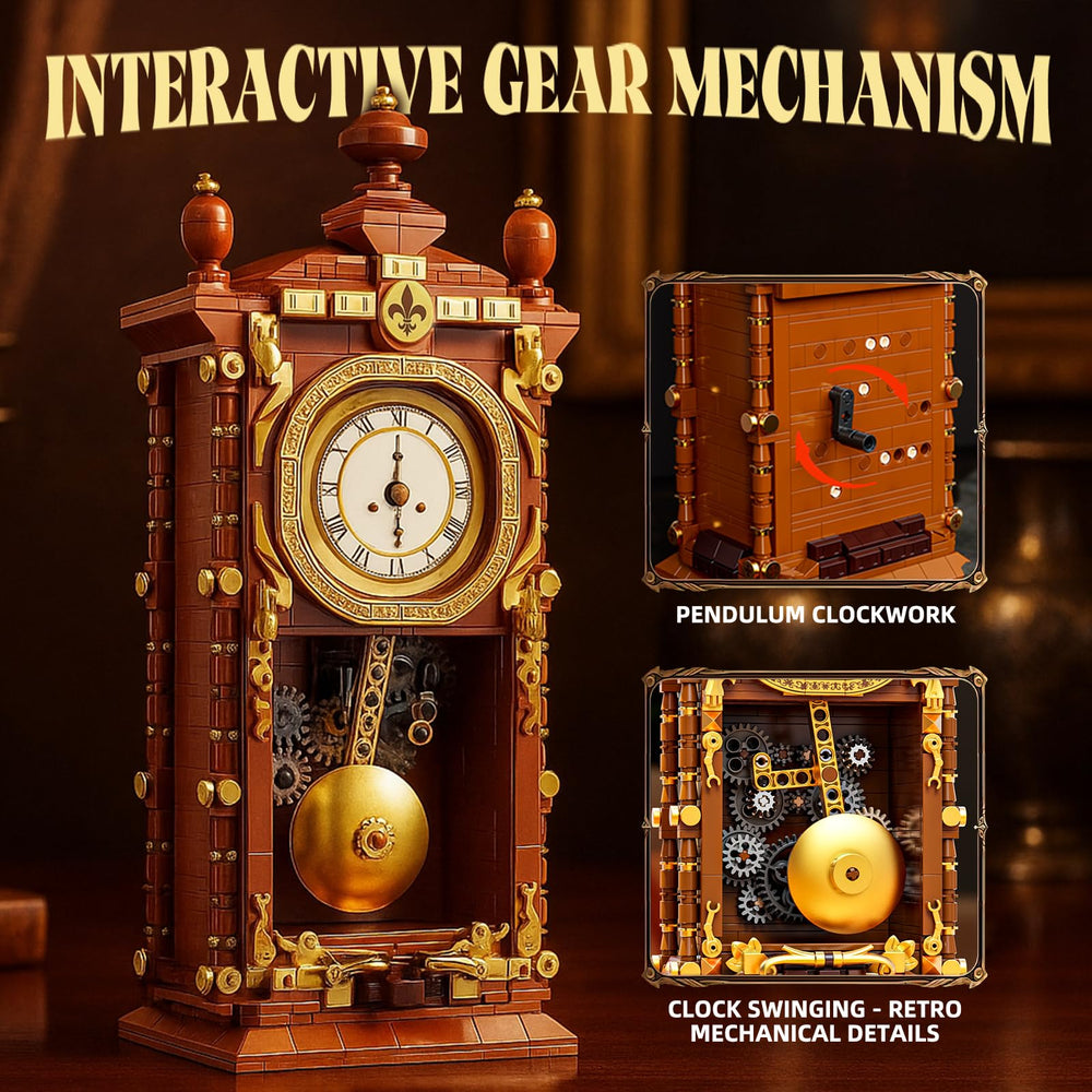 EIAVURPE Retro Clock Building Set pendulum gear close-up highlights moving mechanism.