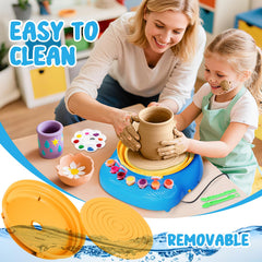 Einailvk pottery carving tools and apron arranged for easy kid-friendly crafting.