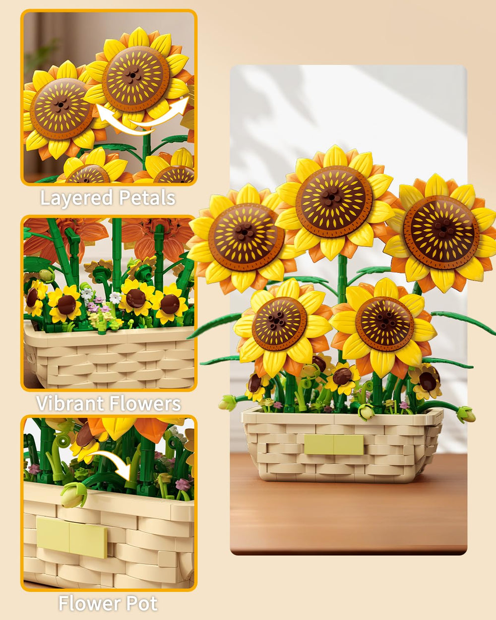 EITOLNR Sunflower Building Set features rotatable blooms for dynamic floral arrangements.