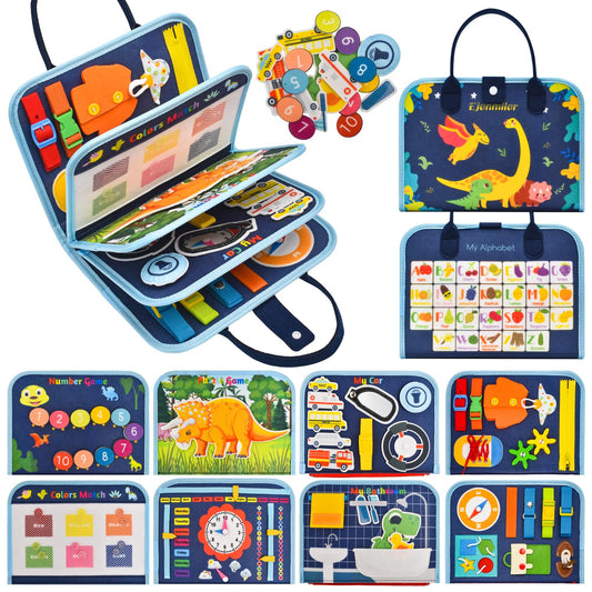 Ejanmilar dinosaur busy book cover with colorful pages designed for toddlers.