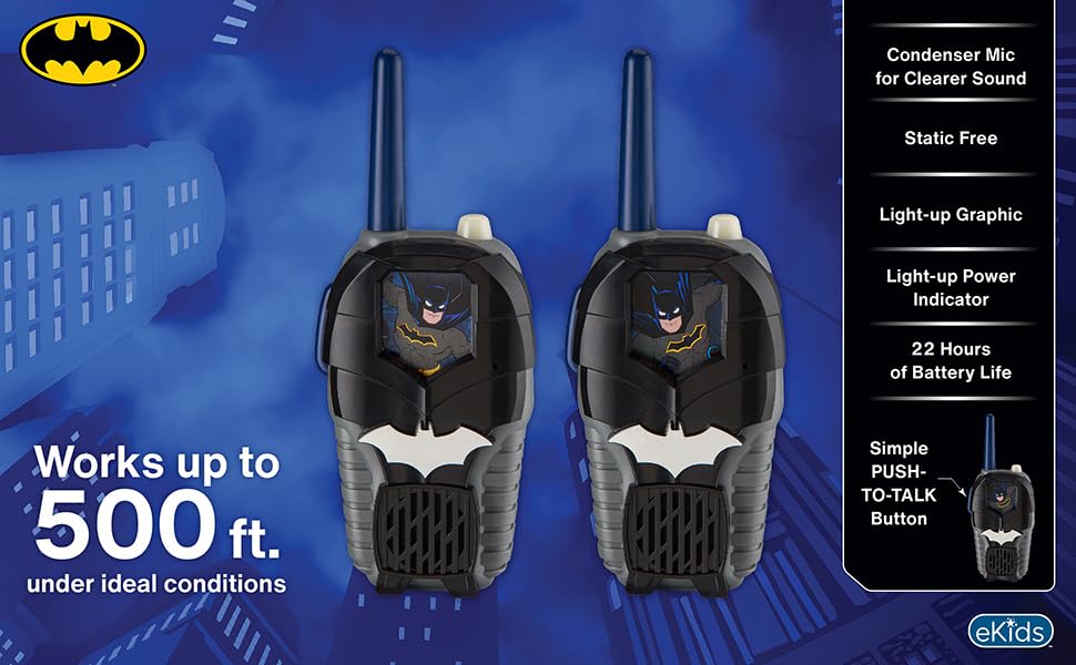 ekids Batman walkie talkies in use during backyard games fosters teamwork and imagination.