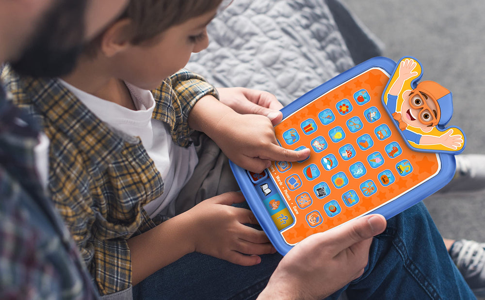 ekids Blippi tablet camera-feature highlights pretend play and storytelling.