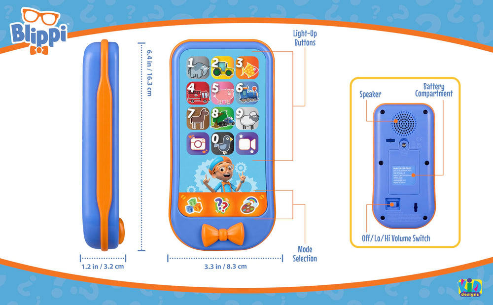 eKids Blippi toy phone display showing play modes for numbers colors and quizzes