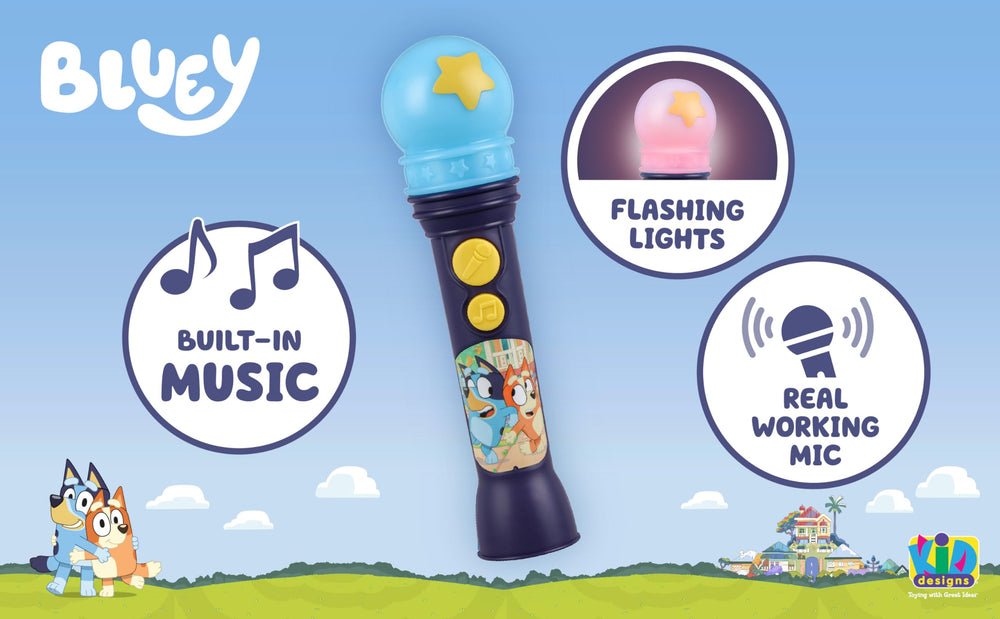 eKids Bluey microphone lights and buttons energize interactive pretend play