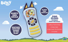 ekids Bluey remote control toy button panel with four music buttons for play.