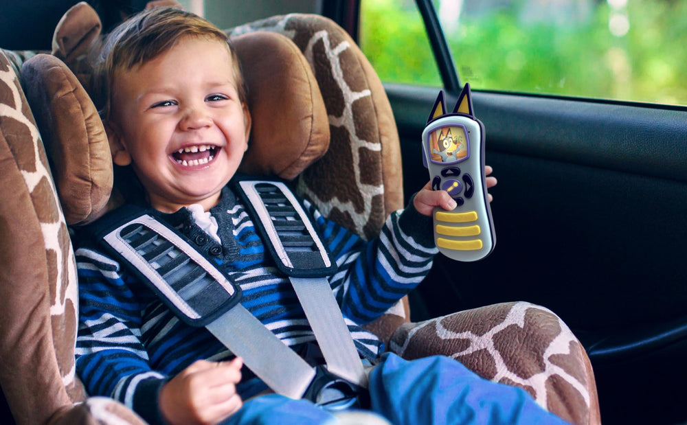 ekids Bluey remote control toy music buttons for sing-along fun and sounds.