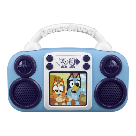 eKids Bluey Toy Music Player front view showing compact toddler friendly design and colors