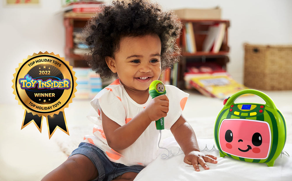 Ekids Cocomelon karaoke machine with included microphone for interactive performances.