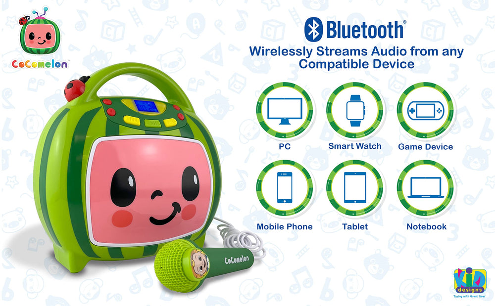 Ekids Cocomelon karaoke machine USB playback to add personal playlists.