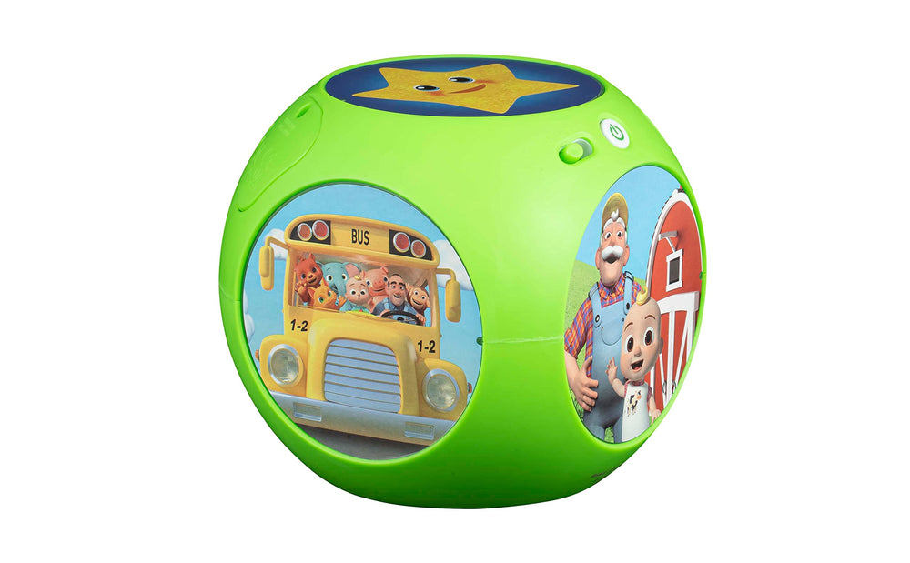 ekids Cocomelon toy in car seat with lightweight travel-friendly design.