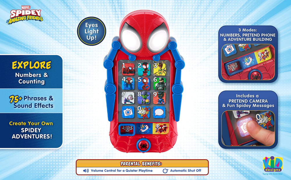 eKids Spidey phone play modes, interactive learning options for preschoolers.