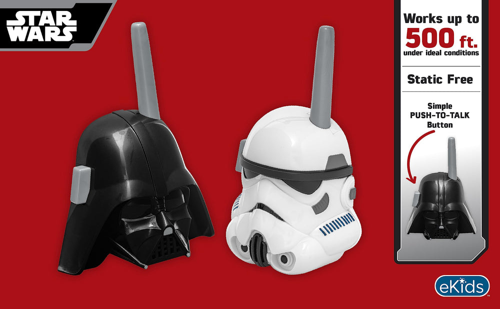 ekids Darth Vader walkie talkie side view, ergonomic for small hands.