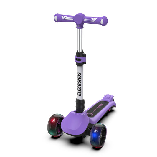 ELECOSMOS purple 3-wheel ride-on scooter, front view with light-up wheels for visibility.