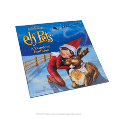 Elf Pets Reindeer snuggle with child, cozy holiday moment.