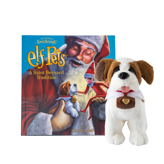 Elf Pets: A Saint Bernard Tradition storybook and plush set for cozy bedtime reading.