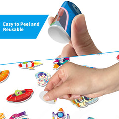 Elfew Reusable stickers 3D sticker book enables mess-free play on windows and bottles.