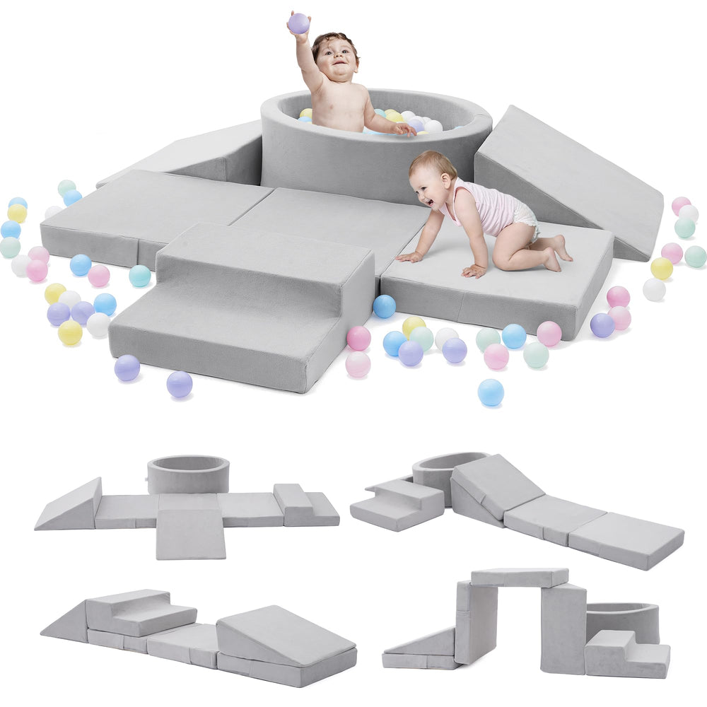 Elftopia foam climbing blocks with ball pit in grey support safe crawling and exploration