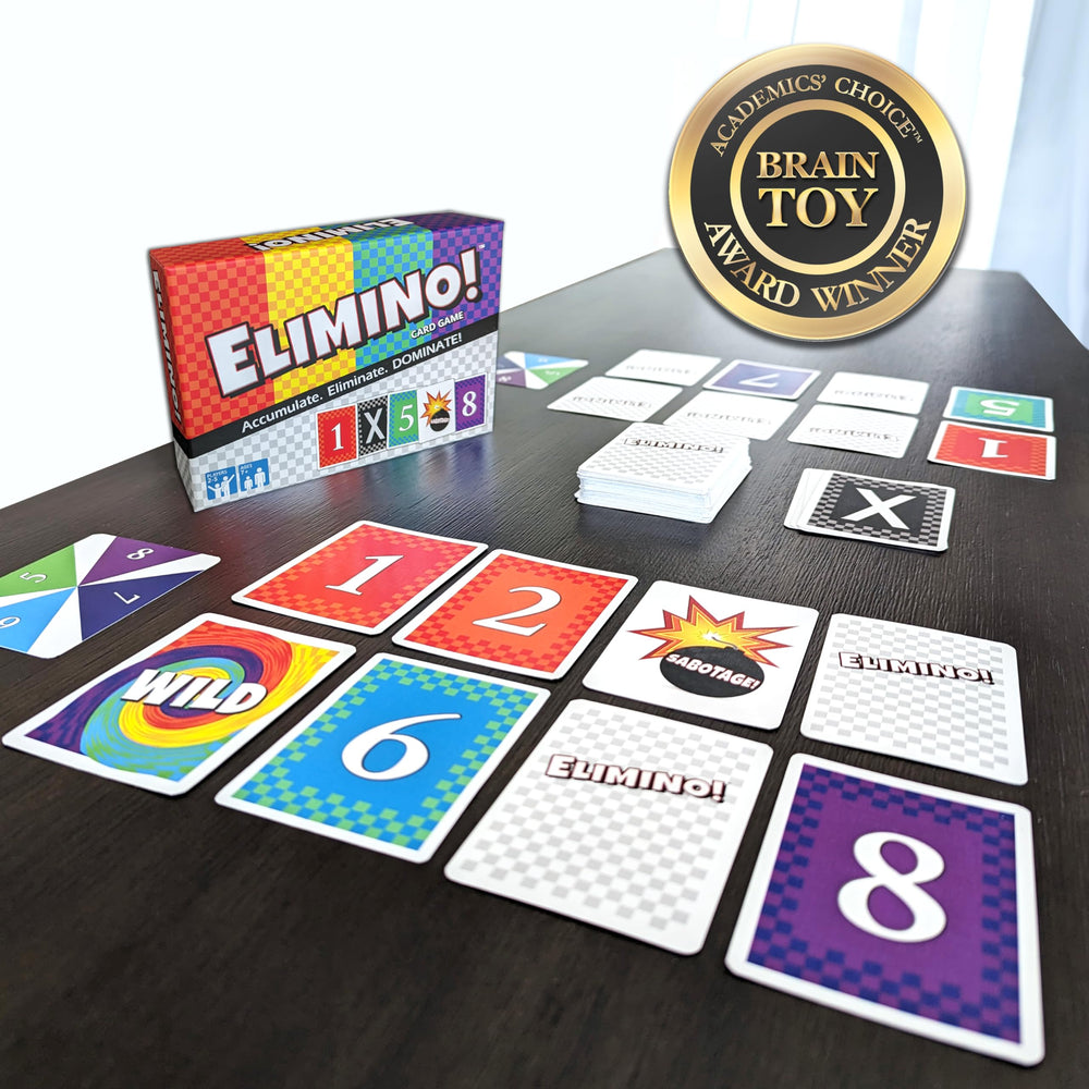 Elimino Family Card Game card deck laid out for quick rounds, ideal for kids.