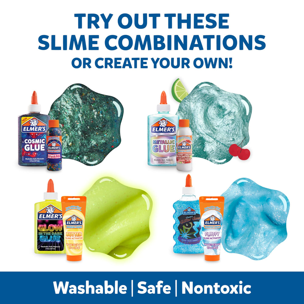 Elmer's All-Star Slime Kit blue glitter glue close-up with sparkling finish