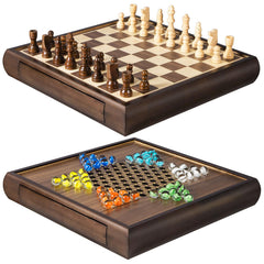 ELONGDI 2-in-1 magnetic chess and checkers board on a clean surface, showing smooth play surface
