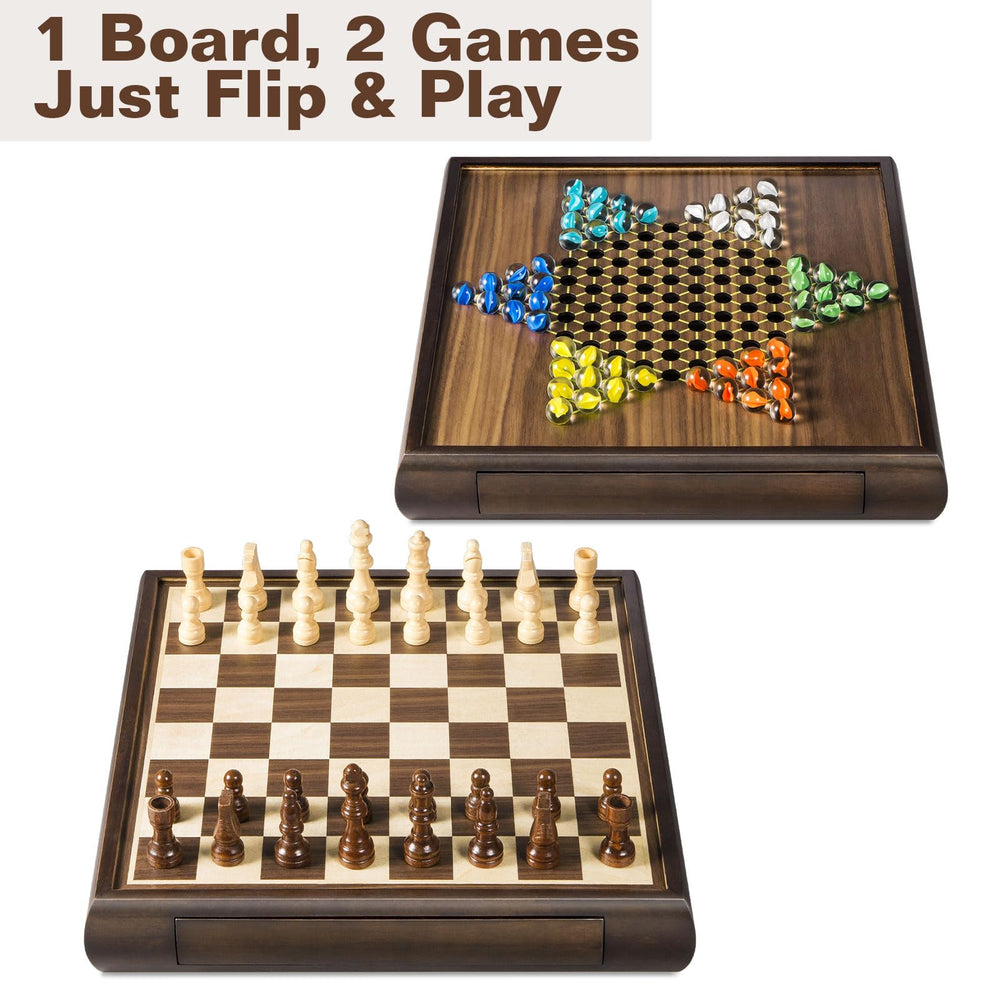 ELONGDI double-sided board ready for chess on one side and Chinese checkers on the other