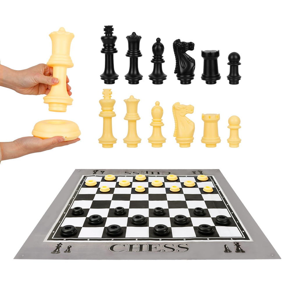 ELONGDI giant outdoor chess set grass spikes securing board on lawn.
