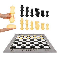 ELONGDI giant outdoor chess set grass spikes securing board on lawn.