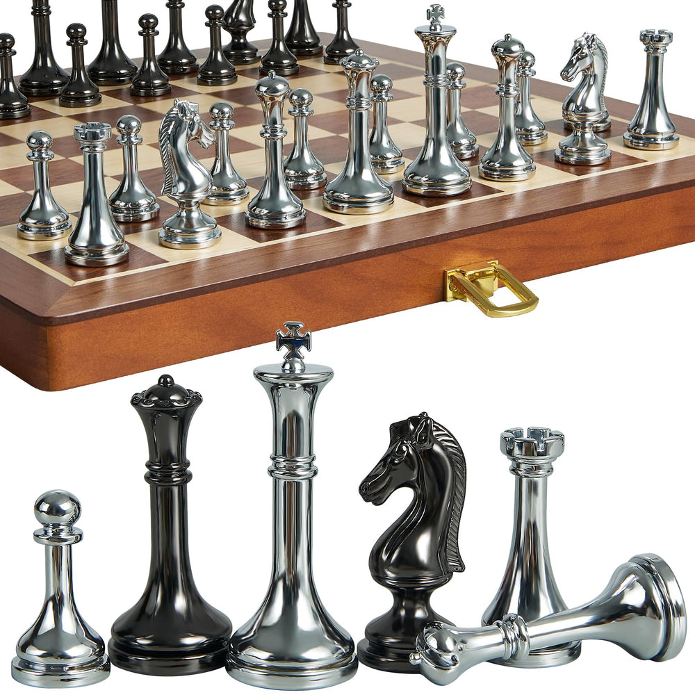 ELONGDI metal chess set with 2.5-inch king piece, ideal for travel and play.