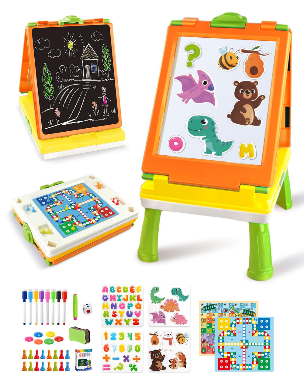 Elovien 4-in-1 easel front view with dual boards for creative learning
