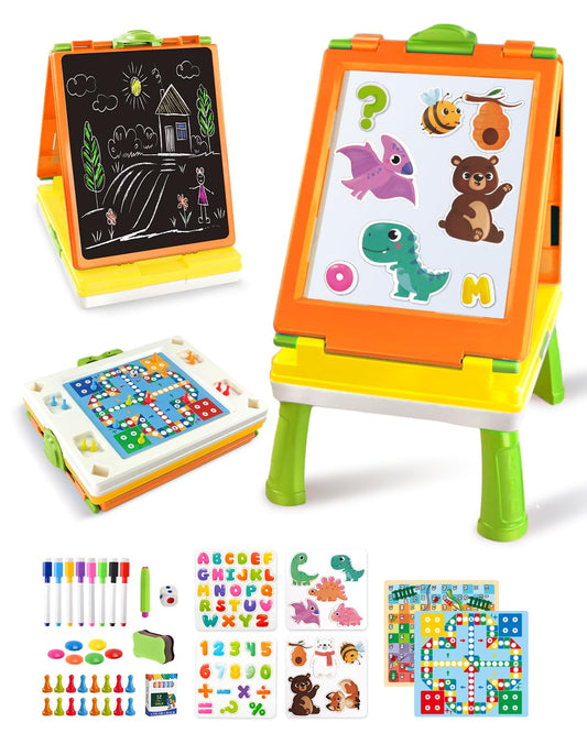 Elovien 4-in-1 easel front view with dual boards for creative learning