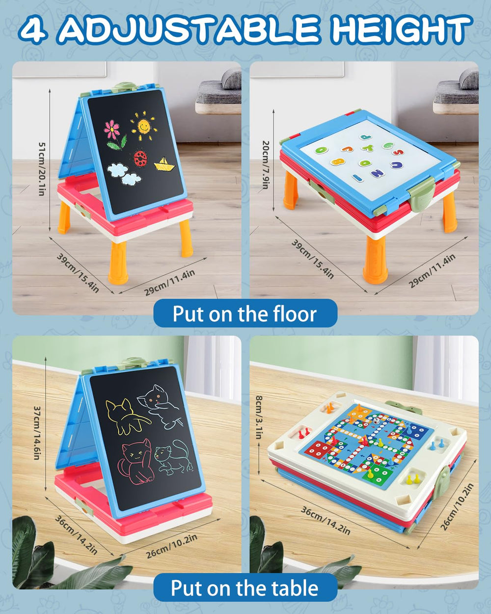 Elovien Kids Easel magnetic whiteboard for interactive card activities.