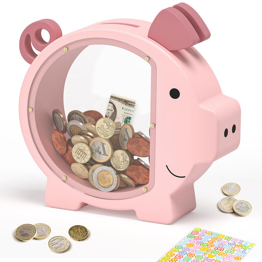 ELX Pink Piggy Bank for Girls front view showing cute design and saving window.