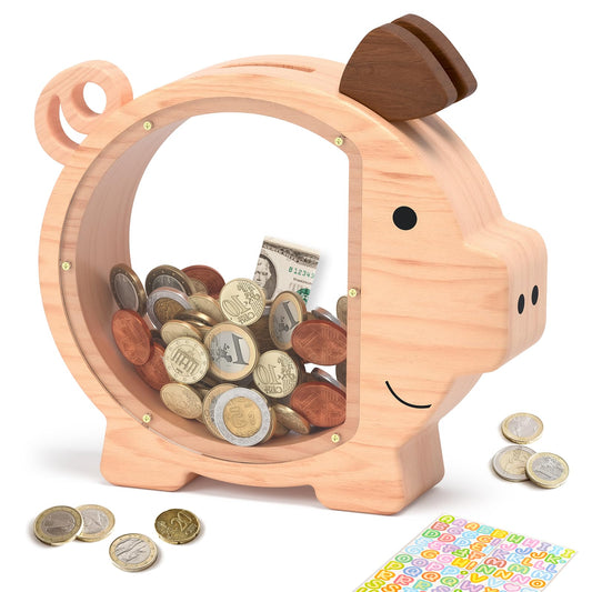 ELX wooden piggy bank with pig-design encourages saving habits
