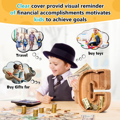 ELX wooden piggy bank with removable lid for easy coin access