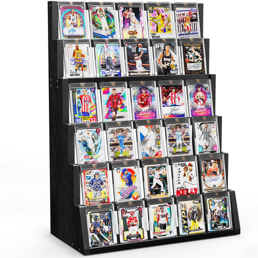 Emfogo 6-tier wood card display top view with rustic craftsmanship and clear visibility